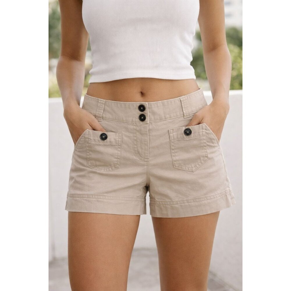 New York & Company Womens Cotton Blend Shorts 2-Pack Beige & Denim Button Front